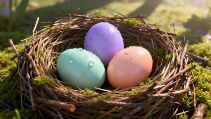 Obraz premium Three colorful Easter eggs in a bird nest on moss. 