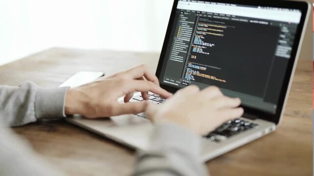 Hacking or programming concept Close up of hands typing and coding on internet security system designing artificial intelligence project in office.