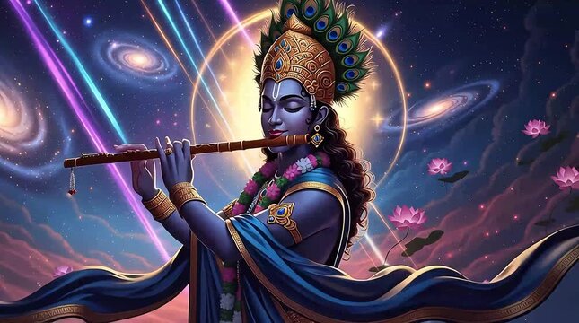 Divine Lord Krishna playing mystical music on his flute amidst cosmic swirling galaxies video footage