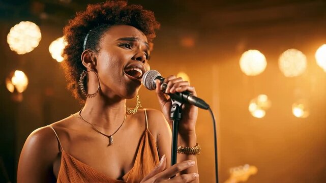 Young jazz singer delivering passionate vocal performance under glowing concert lights capturing powerful musical expression and stage charisma in warm atmospheric light