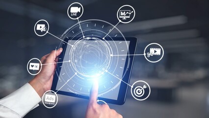 Fototapeta premium The concept of video marketing increases online engagement. This digital strategy uses compelling video marketing to attract and retain a target audience for business growth. Gist