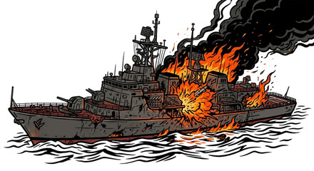 illustration of a burning warship in the ocean. © Priyono ono