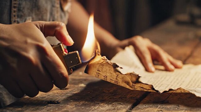 Man burning paper with lighter.