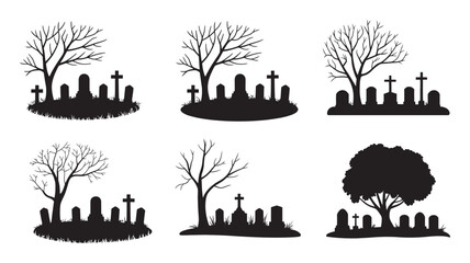 A collection of eerie black silhouette graveyard scenes with tombstones and desolate bare trees, perfect for Halloween.