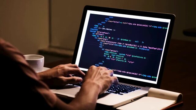 Closeup coding on Programmer working on online application database. Coder testing virus security system. Coding. development web, coder work online.