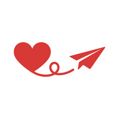 A striking red heart with a small red paper airplane flying away along a whimsical looping path.