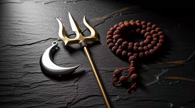 Cinematic motion footage rendering of golden trident and silver crescent moon resting near rudraksha mala beads