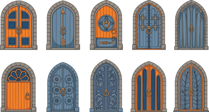 Medieval castle doors collection fantasy stone arch wooden and metal doors vector illustration