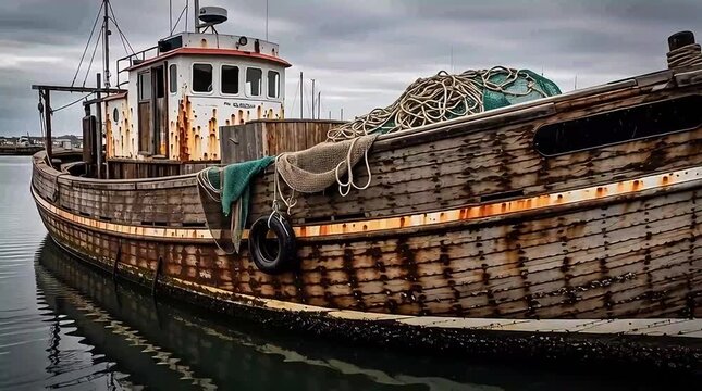 Old weathered fishing boat gently floating at a dock, showing rustic charm and the passage of time in this evocative video.