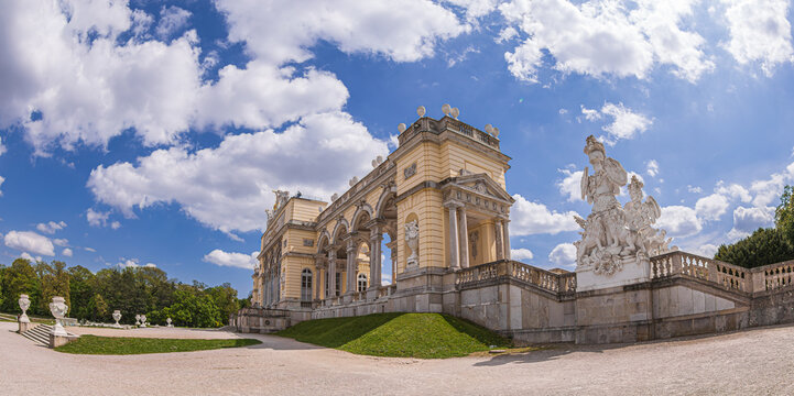 VIENNA, AUSTRIA - MAY 9, 2023: Schonbrunn Palace garden gloriette, built in 1775 according to the plans of Austrian imperial architect Johann Ferdinand Hetzendorf von Hohenberg. Today is a cafe in it