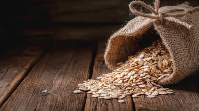 A coarse, textured burlap sack, tied with a jute twine, lies on weathered wooden planks.