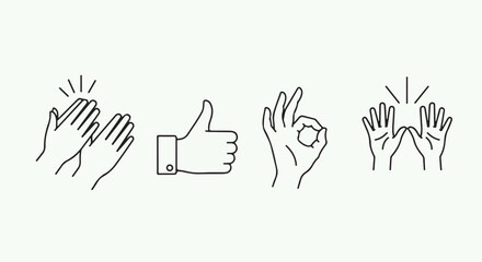 Fototapeta premium Modern Line Art Hand Gestures Icon Set with Thumbs Up, Clapping, OK Sign, and Raised Hands Vector isolated PNG with Transparent Background