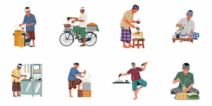 Illustrations of Indonesian Street Food Vendors and PKL Sellers Preparing Traditional Snacks such as Siomay and Dim Sum, Isolated on White Background.