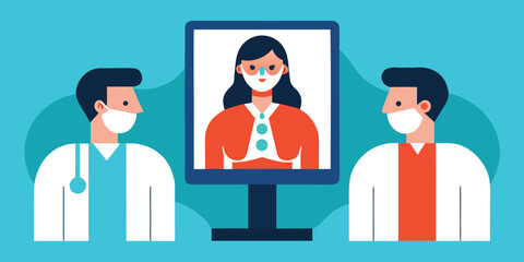 Obraz premium Two male doctors in white lab coats and face masks looking at a digital monitor displaying a female medical professional also wearing a protective face mask.