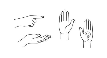 Fototapeta premium Line art hand gestures set: pointing, offering, stop, and question mark symbols isolated PNG with Transparent Background