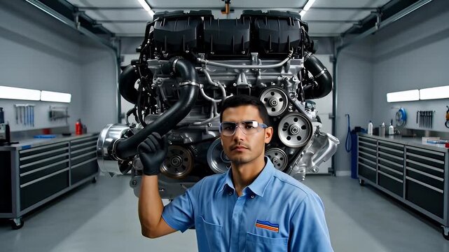 Mechanic working on engine parts.