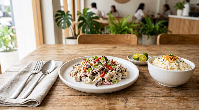 Creamy sisig with rice and calamansi served on a wooden table in a bright modern caf&eacute;