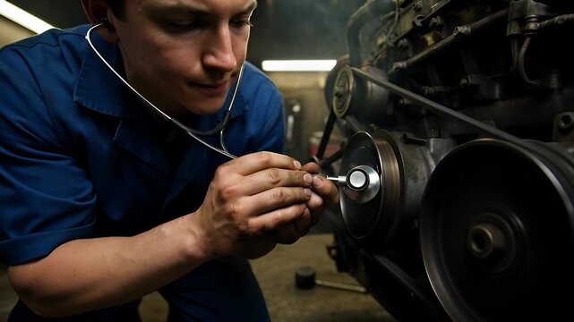 Mechanic working on engine.