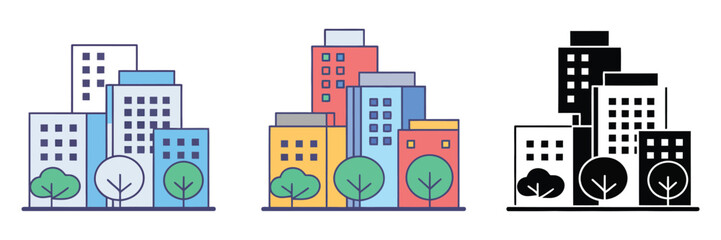 City multiple icon pack, vector symbols representing cityscape, streets, public buildings, and metropolitan elements