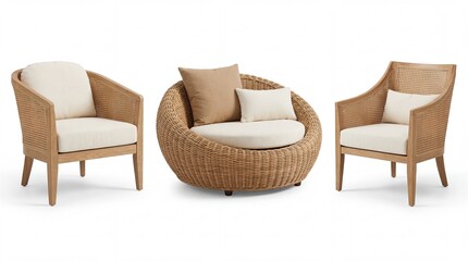 Wicker furniture set with cushions on white background