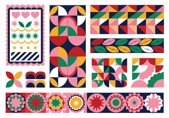 Obraz premium A collection of various geometric borders and decorative tiles featuring heart shapes and floral motifs arranged on a plain white background.