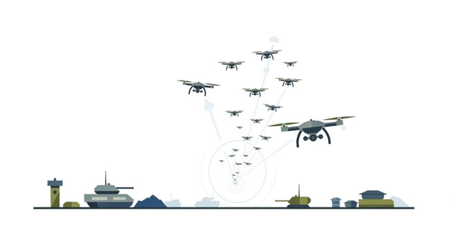 Drones swarm over military base, showcasing modern warfare technology.