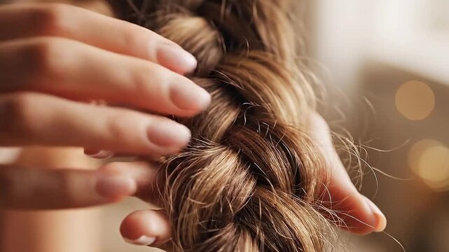 A macro shot of an intricate French braid held gently by a woman&rsquo;s hand.