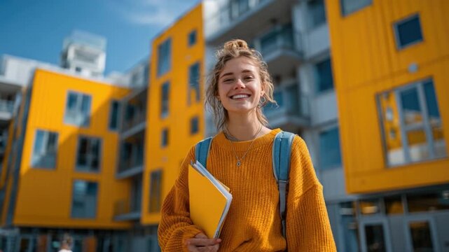 Sunshine Student: Capturing the essence of youth and academic aspirations, a smiling student stands before a vibrant university building, radiating optimism and the promise of a bright future.
