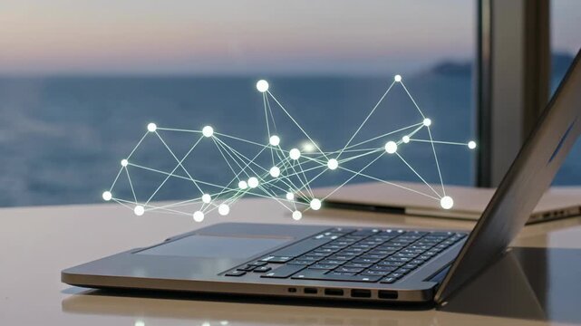 Glowing artificial intelligence data streams flowing above laptop in modern workspace with ocean window background. Concept of digital technology.