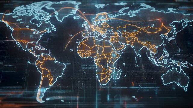 Futuristic digital world map with glowing borders and advanced data visualization in dark background