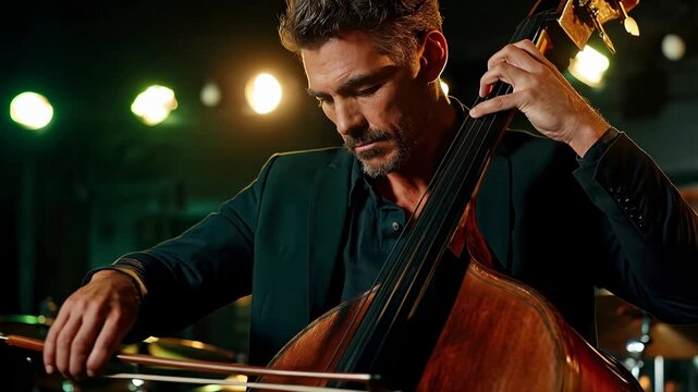 Double bass player performing smooth jazz rhythm on stage with warm lights highlighting expressive musical craftsmanship and deep resonant sound in warm atmospheric light