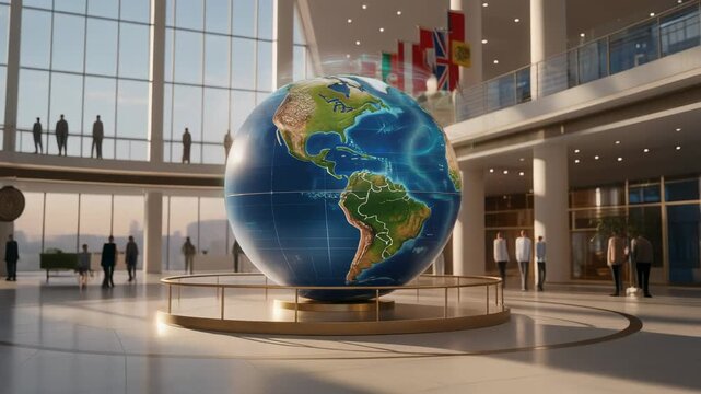Modern globe in spacious international building lobby with people and flags representing global unity and world geography