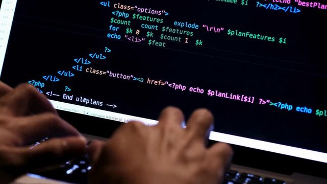 Closeup coding on Programmer working on online application database. Coder testing virus security system. Coding. development web, Hacker work online.
