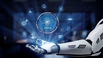 Fototapeta premium This image showcases a robotic hand extending towards marketing automation icons, symbolizing the fusion of technology and business strategy in today digital landscape. Synapse