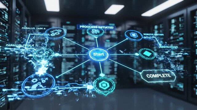Futuristic data center digital interface process automation with artificial intelligence technology server blue light innovation network efficiency, process initiation robotic assistant parallel task