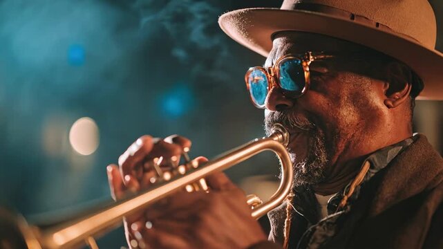 Stylish trumpet player wearing hat performing energetic jazz solo under smoky stage lights creating classic club atmosphere in warm atmospheric light in a timeless cultural setting
