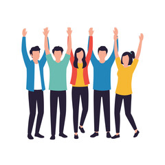 Fototapeta premium Happy team raising hands celebrating success flat vector people illustration