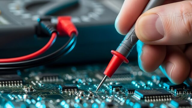 Electronics Engineer Testing Circuit Board with Multimeter.