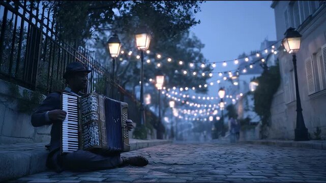 Musician playing accordion on a lit street at night