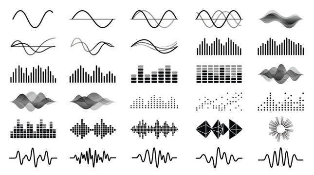 Collection of various sound waves and audio equalizer icons in black and white style isolated on white background, symbolizing digital audio processing and professional music production