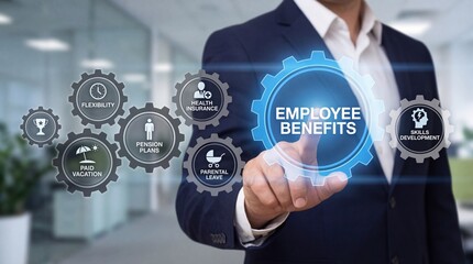 Businessman interacting with employee benefits icons on a digital interface in an office