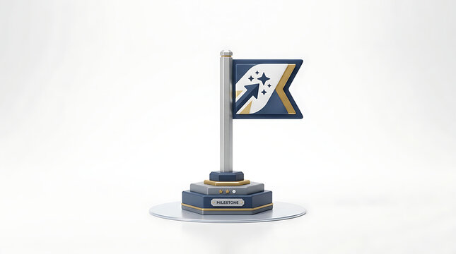 A 3D rendered stylized flag featuring a star and an upward arrow on a blue and gold base, symbolizing progress and achievement.