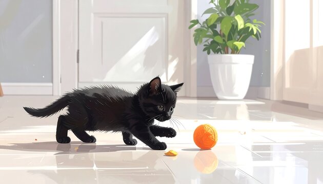A black kitten playing with an orange ball on a shiny floor