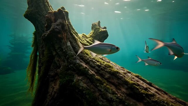 Underwater scene with fish swimming.
