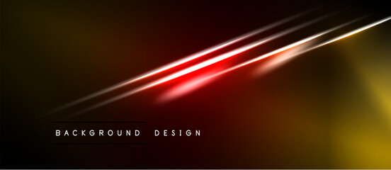 Naklejka premium Dark abstract background. Red light streak crosses golden hues. Minimalist design with text below. Modern, dynamic visual.