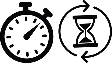 Contrast between a stopwatch and an hourglass with circular arrows indicating time flow