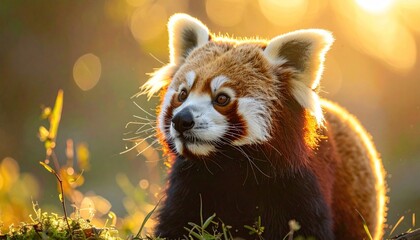 A charming red panda, its distinctive fur beautifully illuminated by the soft, warm glow of golden hour light, captured in its serene natural habitat
