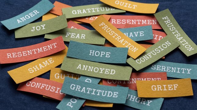 A pile of colorful paper cutouts with various emotions written on them