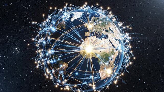 Global network earth connection technology communication data digital internet satellite space futuristic glowing blue worldwide science innovation modern orbit planet astronomy international map
