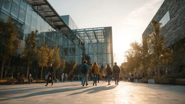 Campus life under Sunlight: A group of students strolls across the sun-drenched campus, their figures silhouetted against the stunning modern architecture.